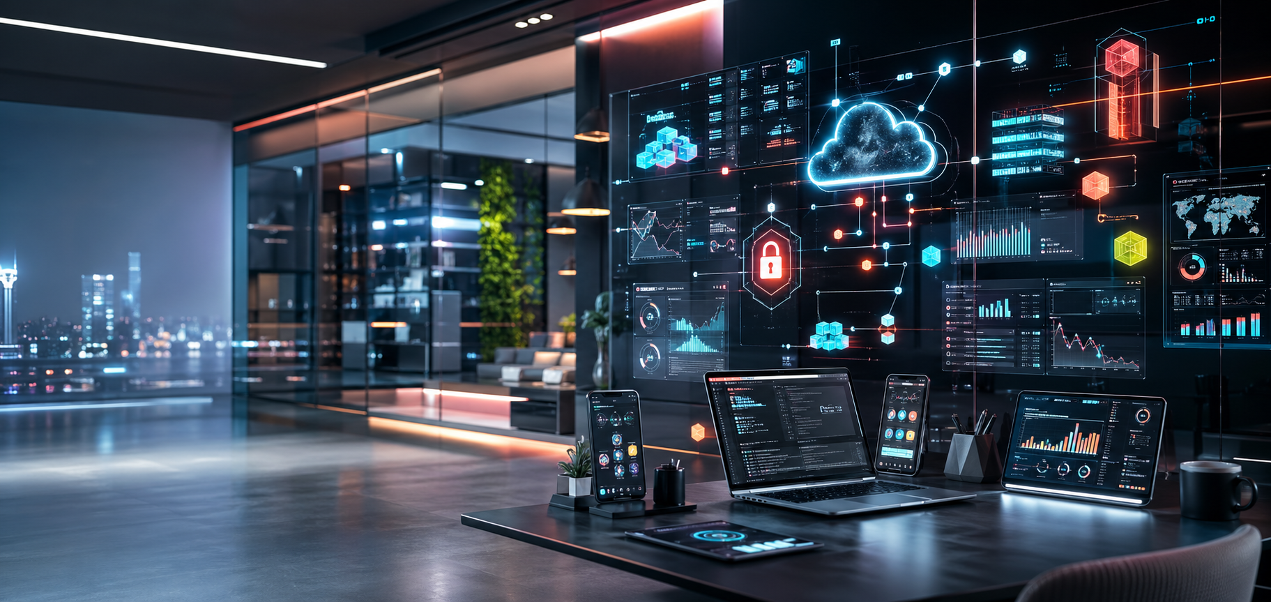 Abstract digital dashboard visuals for Telosfy services